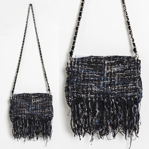 Zara TRF Lurex Glitter Tweed Woven Fringe Chain Crossbody Purse Bag Navy Y2K - Picture 1 of 11